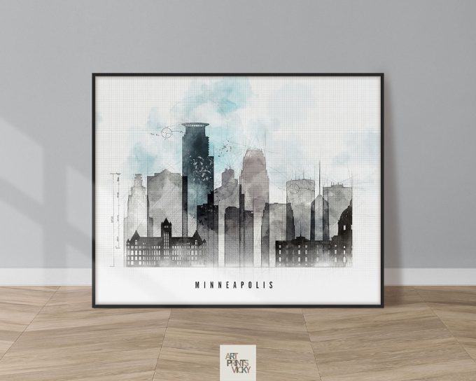Art print of a Minneapolis city skyline with abstract watercolor elements and grid background.