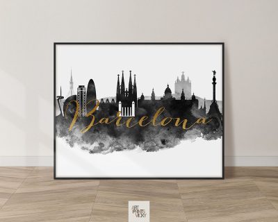 Barcelona cityscape watercolor poster black white gold