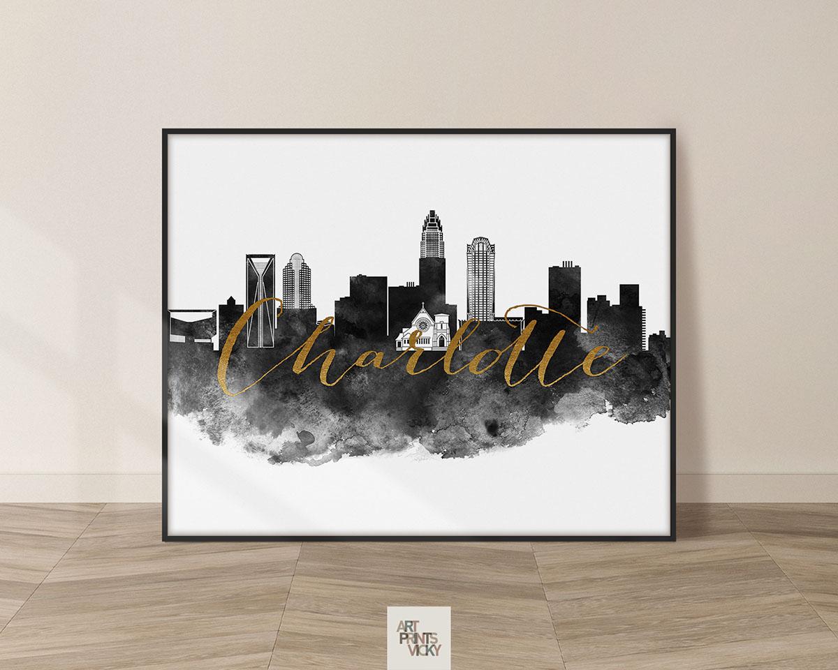 Charlotte cityscape watercolor poster black and white with faux gold