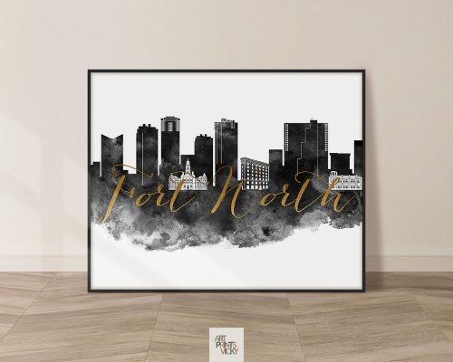 Fort Worth skyline print black white gold