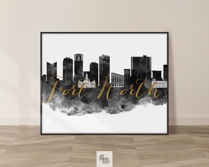 Art print featuring the Fort Worth skyline with a gold script overlay that says 'Fort Worth'.