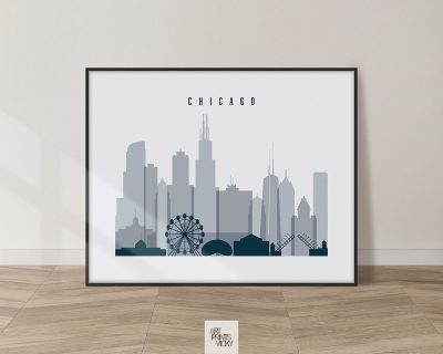 Chicago skyline art grey blue landscape