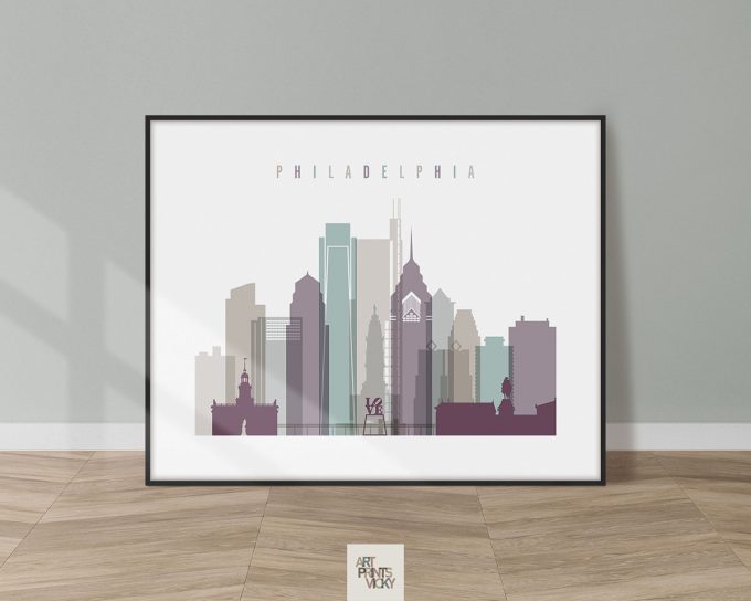 Stylized illustration of the Philadelphia city skyline with notable buildings and the text 'Philadelphia'.