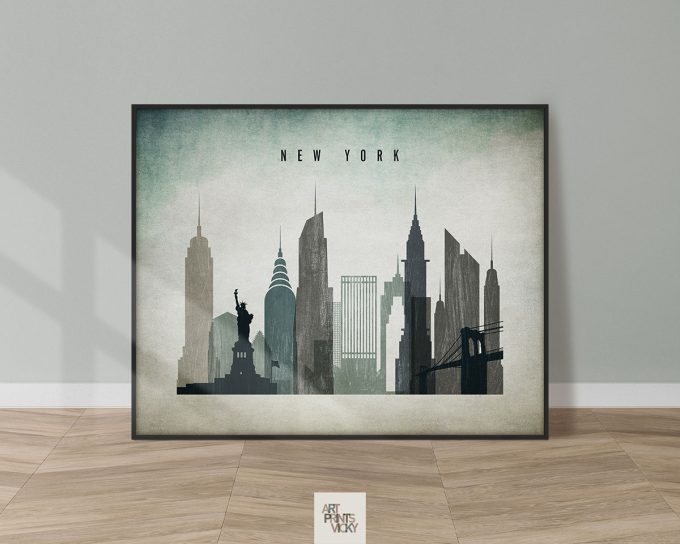 Art print featuring a silhouette of the New York City skyline with notable buildings and the text 'NEW YORK'.