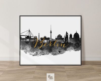 Berlin cityscape watercolor poster black white gold