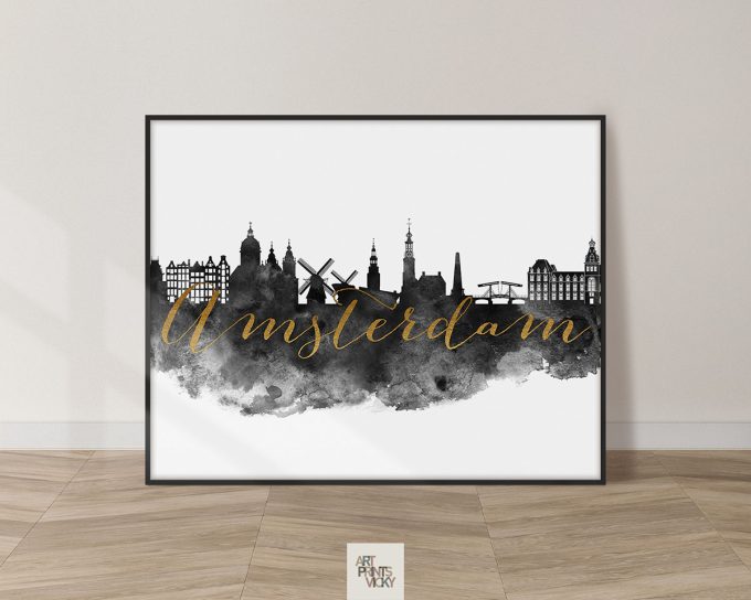 Silhouette of Amsterdam skyline with buildings and windmill in black and gold lettering.