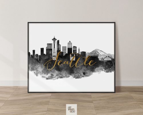 Seattle cityscape poster black white