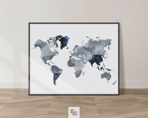 World map art watercolor grey blue