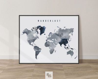 Wanderlust World Map Grey Blue Poster