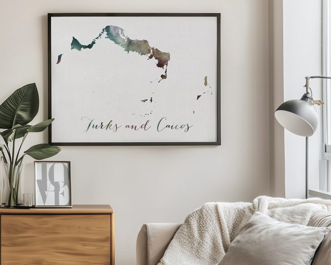Art print of a map of Turks and Caicos with watercolor effects and text.