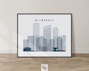 Silhouette of Milwaukee skyline with notable buildings and structures in a minimalist design.
