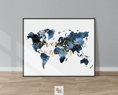 World Map Adventure Awaits Blue Poster