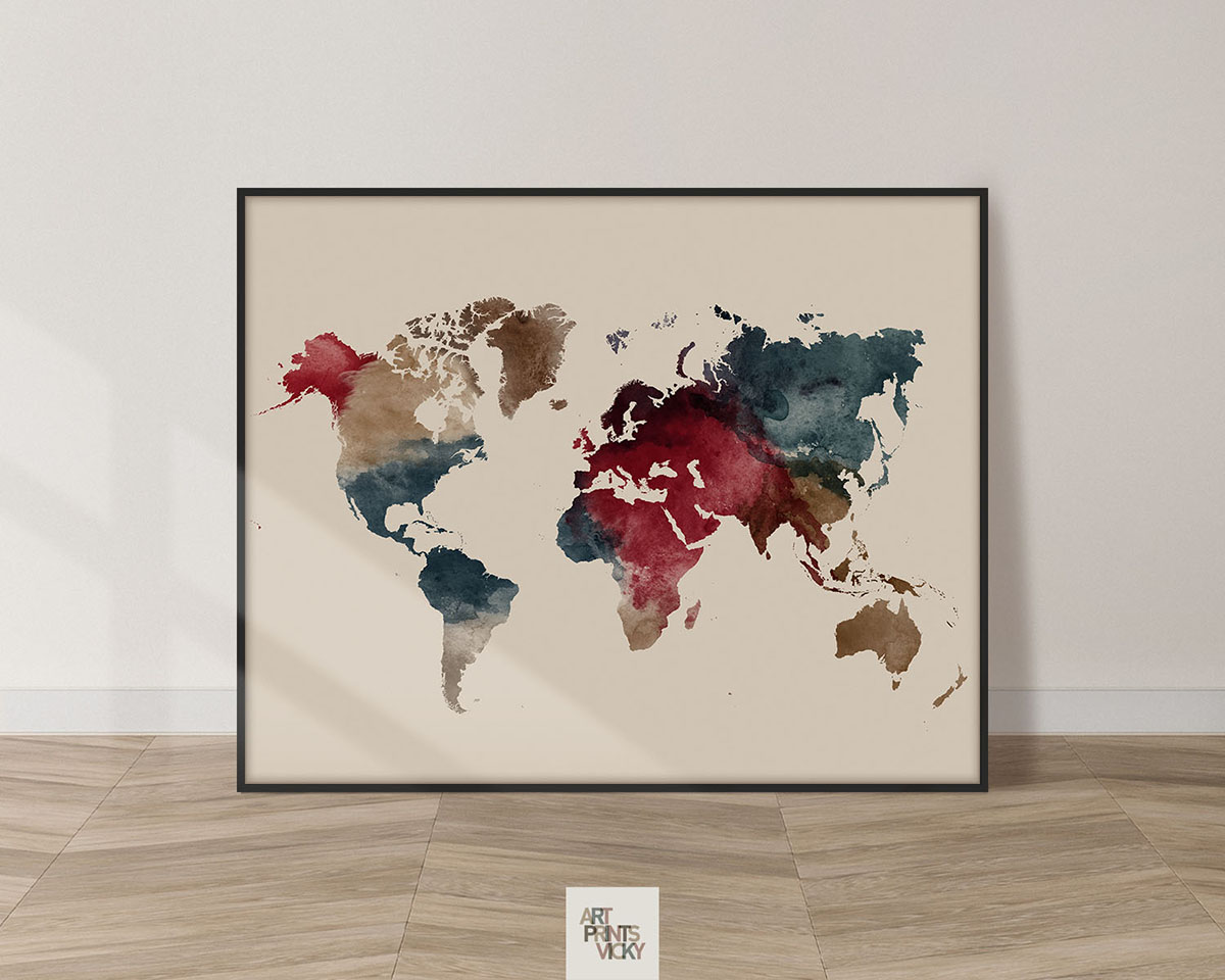 World map watercolor earth tones 2