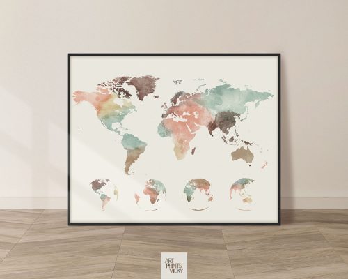 World Map Pastel 4 Globe Phases Poster