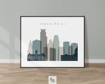 Silhouette of the Minneapolis skyline with various building shapes and heights in muted colors.