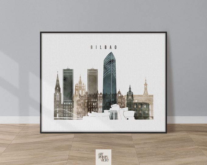 Art print of a cityscape featuring buildings and structures from Bilbao, Spain.