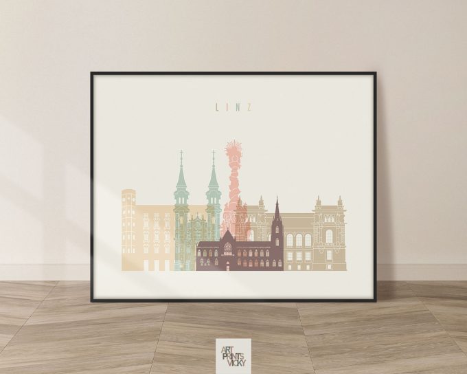 Art print featuring a stylized illustration of Linz city buildings in pastel colors.