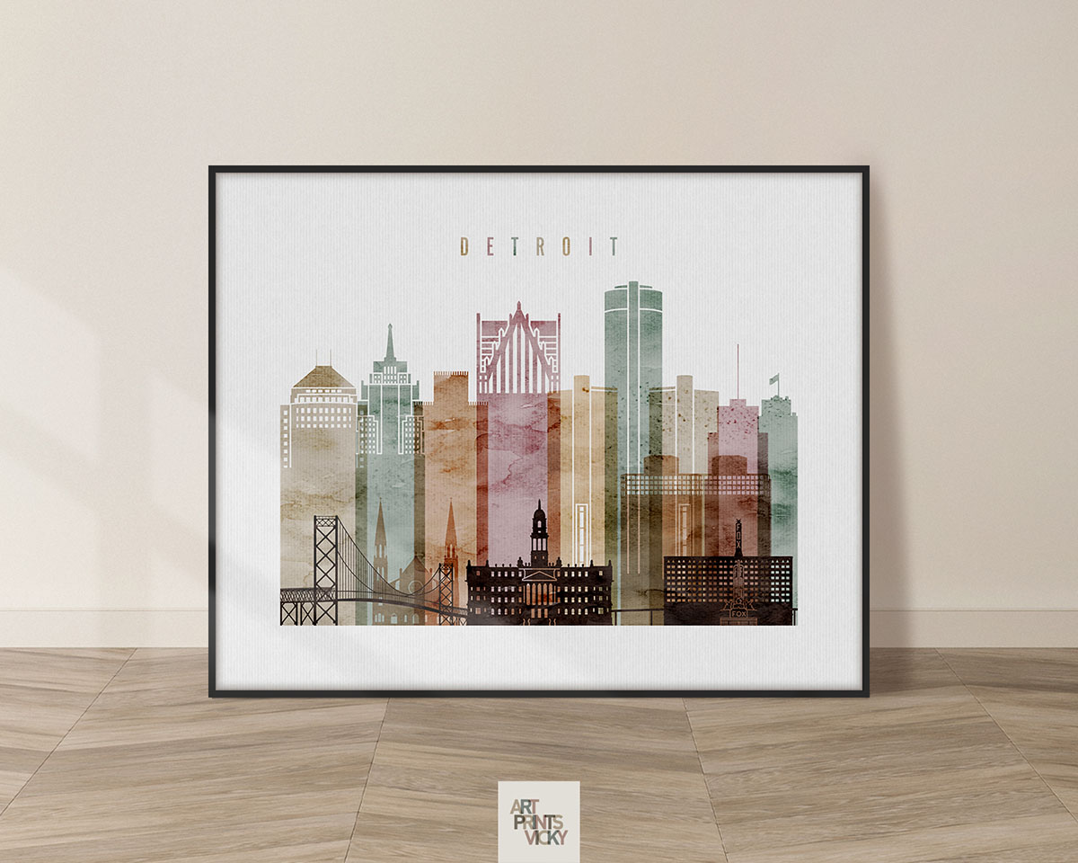 Detroit skyline poster watercolor 1 landscape
