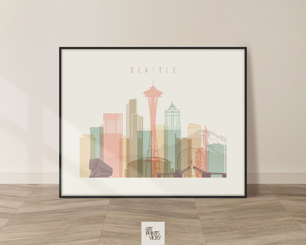 Seattle skyline print pastel cream landscape
