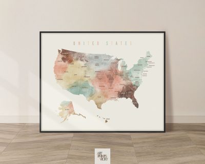 USA map wall art labeled pastel cream