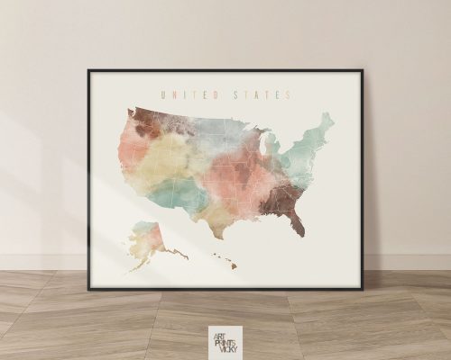 United States watercolor map print pastel