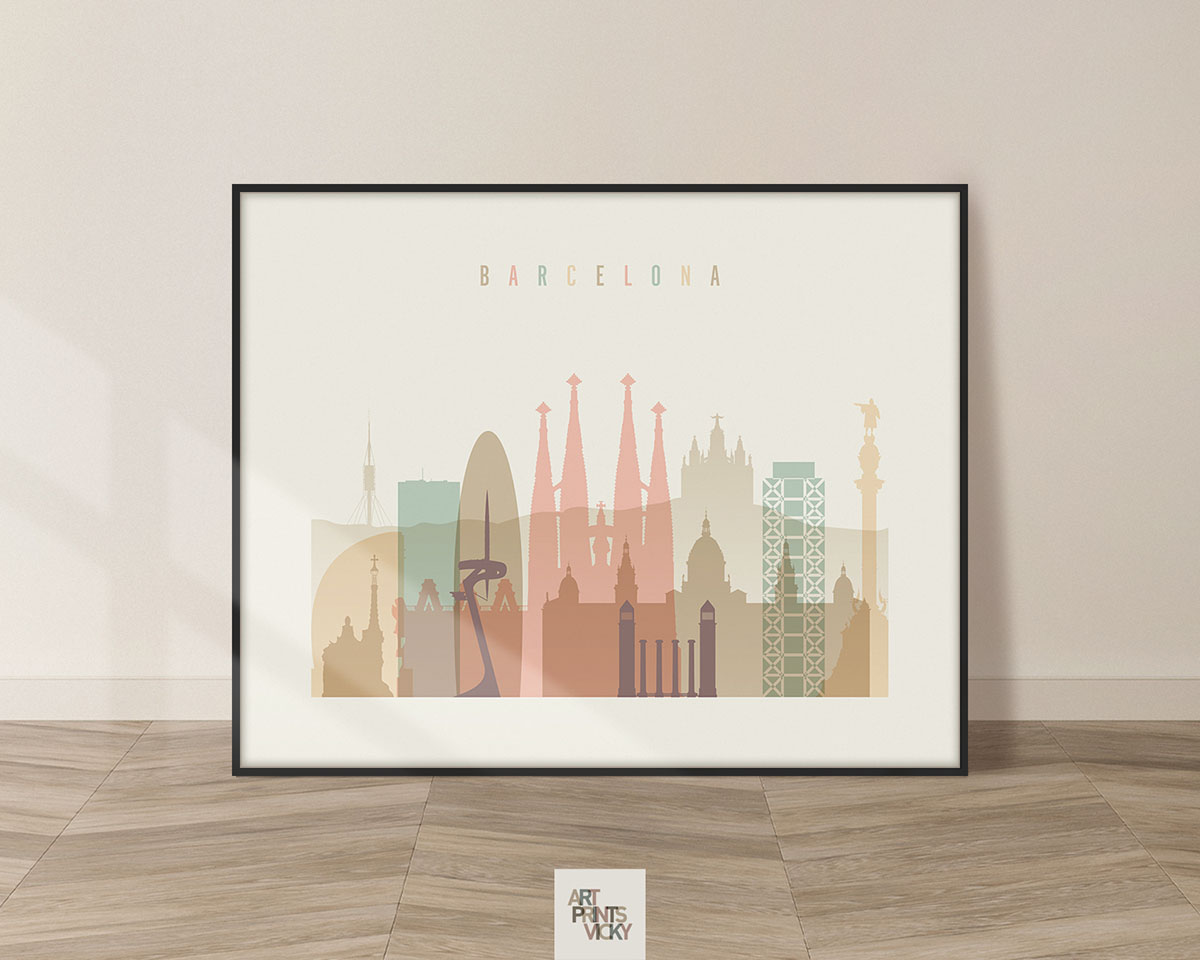 Barcelona poster skyline pastel cream landscape