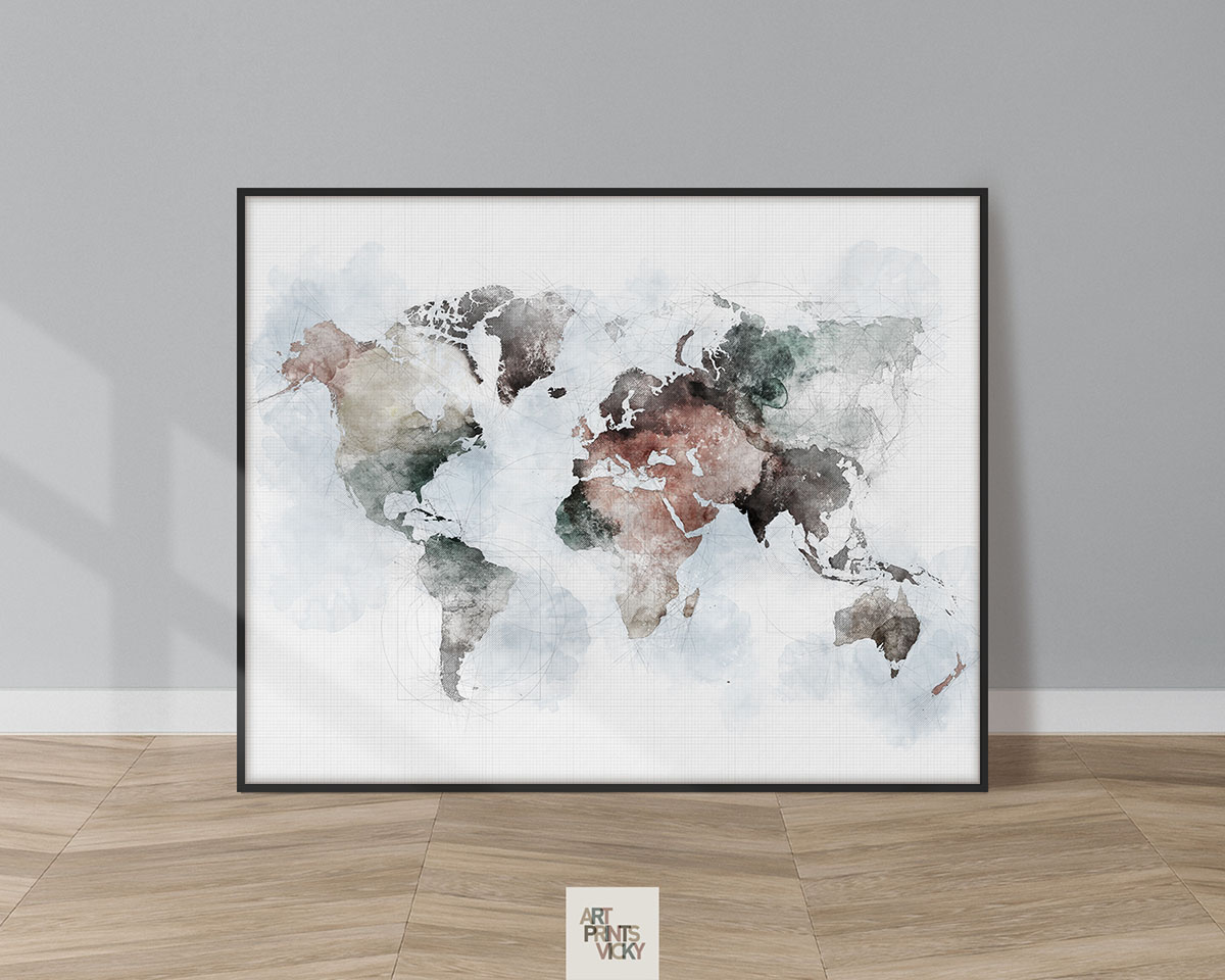 World map poster watercolor urban