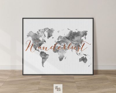 World map art grey wanderlust copper