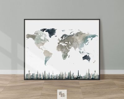 World Map Skylines Earth Tones 4 Poster