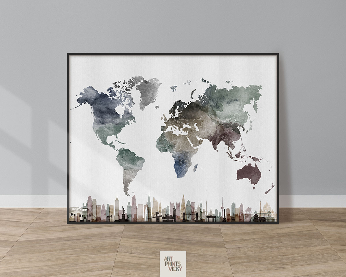 World map poster skylines watercolor