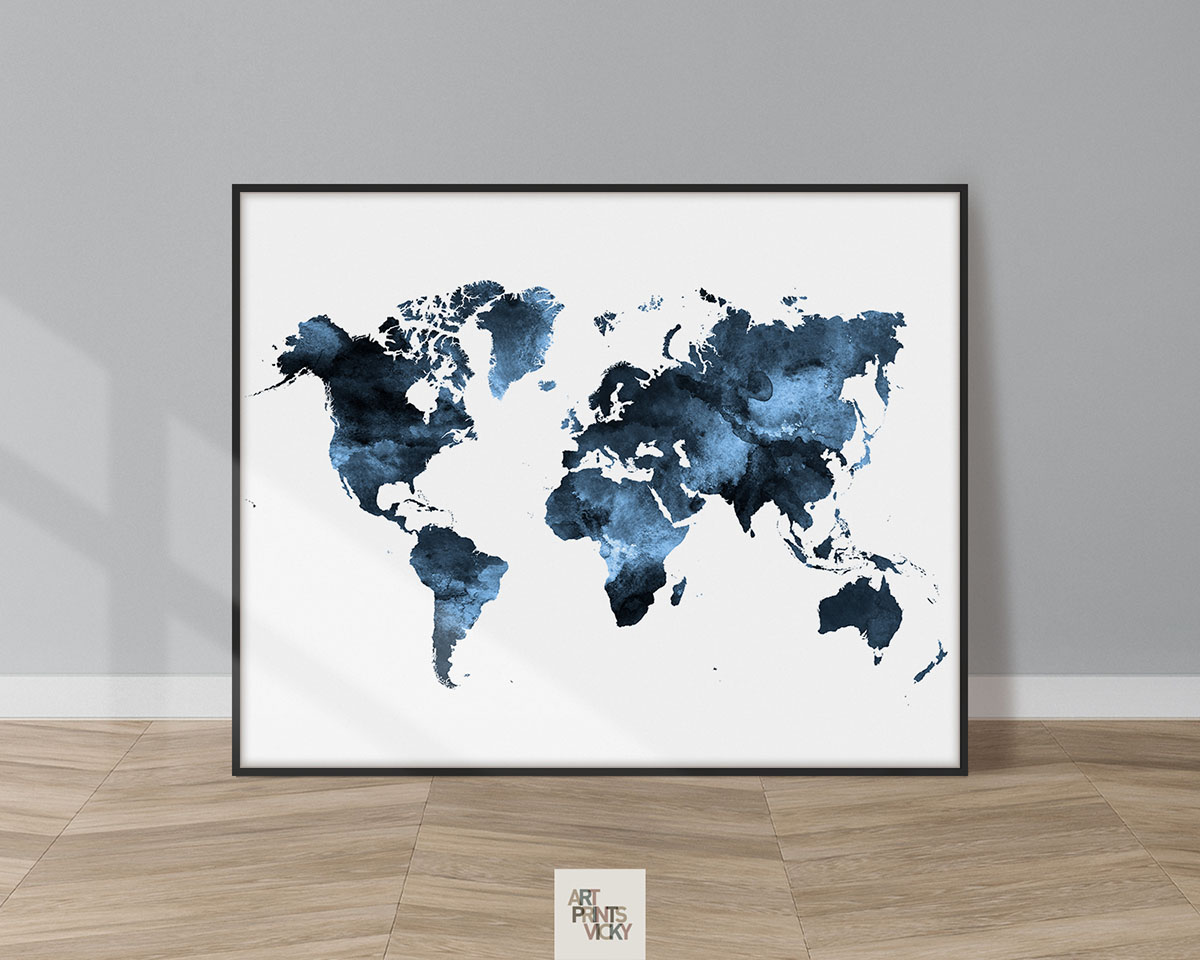 Navy blue world map poster
