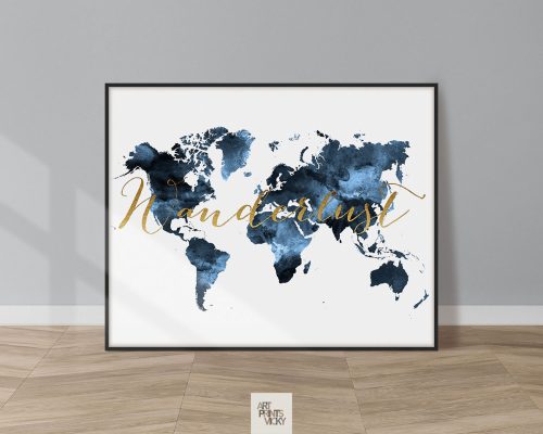 World Map Wanderlust Bluish Print