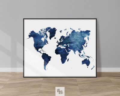 World Map Blue Distressed Print