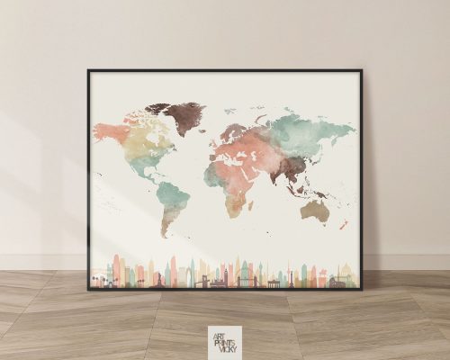 World map wall art skylines pastel cream
