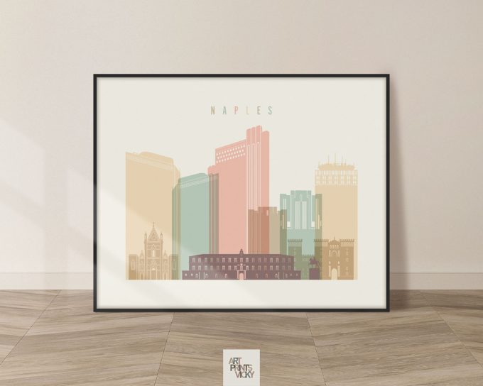 Art print featuring a stylized cityscape of Naples with various building shapes and colors.