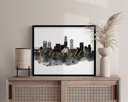 Charlotte cityscape watercolor poster black and white with faux gold second photo