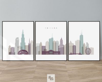 Chicago skyline art set of 3 prints pastel 2