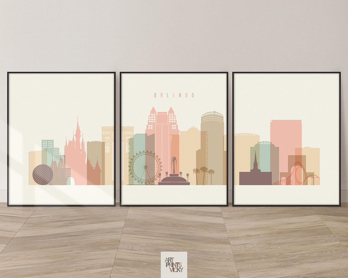 Orlando skyline set of 3 prints pastel cream