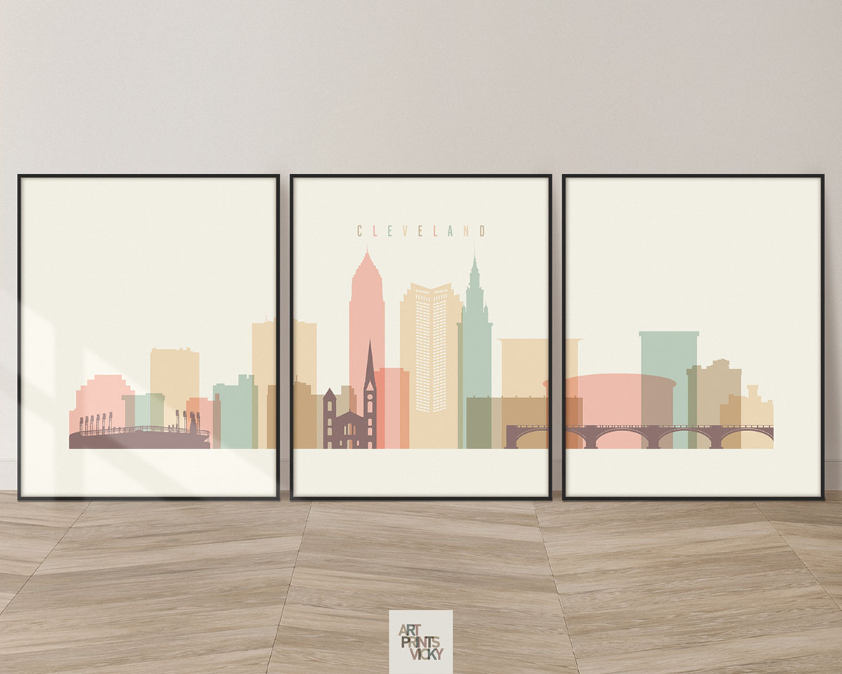 Cleveland cream pastel skyline set of 3 prints