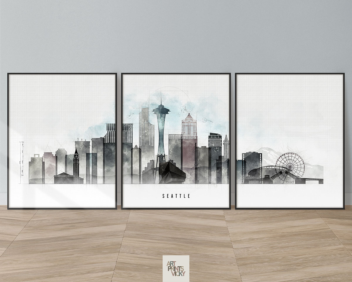 Seattle skyline 3 print set urban 1