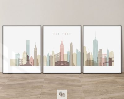 New York 3 piece wall art in pastel white