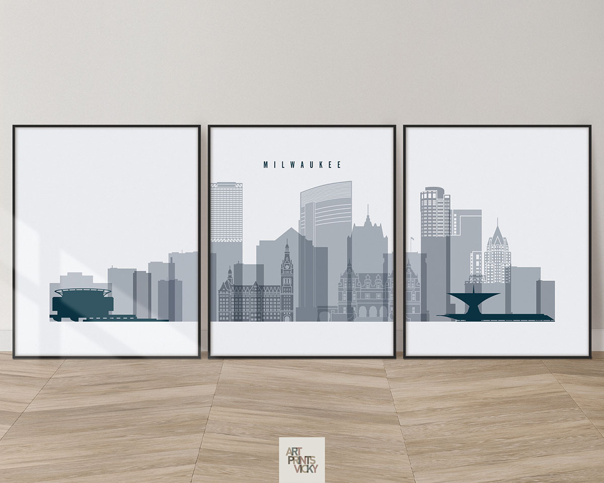 Milwaukee set of 3 prints skyline grey blue