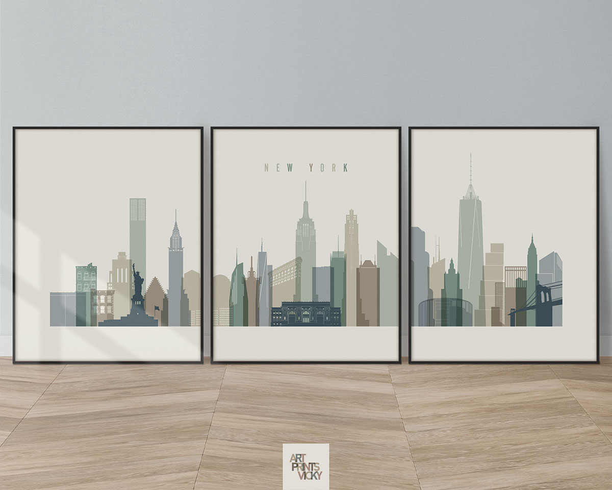 New York wall art set of 3 prints earth tones 1