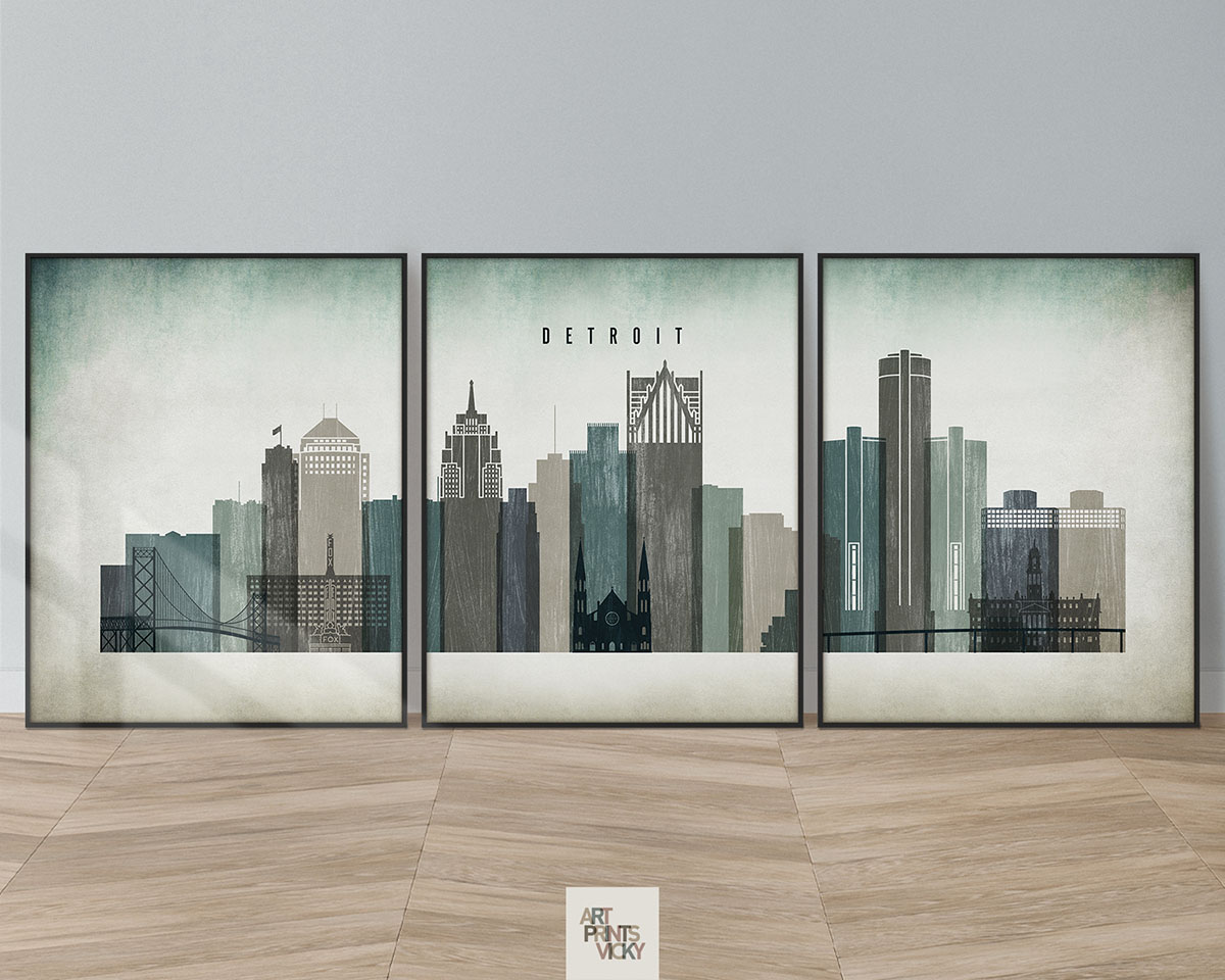 Detroit Skyline 3 Prints Set Distressed 3