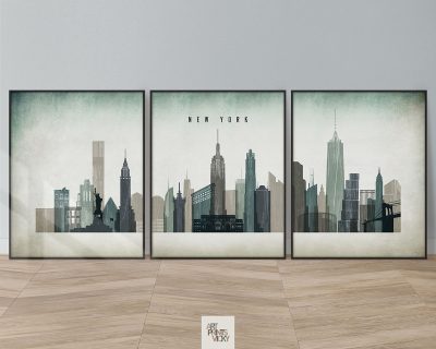New York skyline 3 poster set in distressed 3