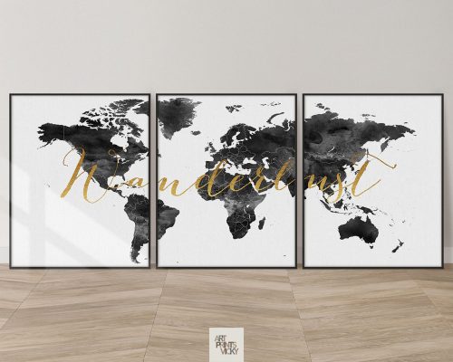World map wanderlust black white set of 3 prints