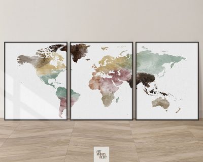 World map watercolor 3 piece wall art