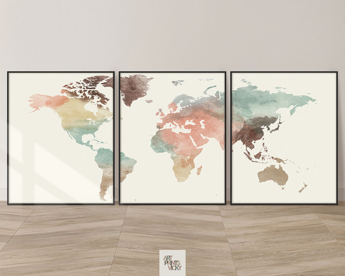 World map pastel 3 piece wall art
