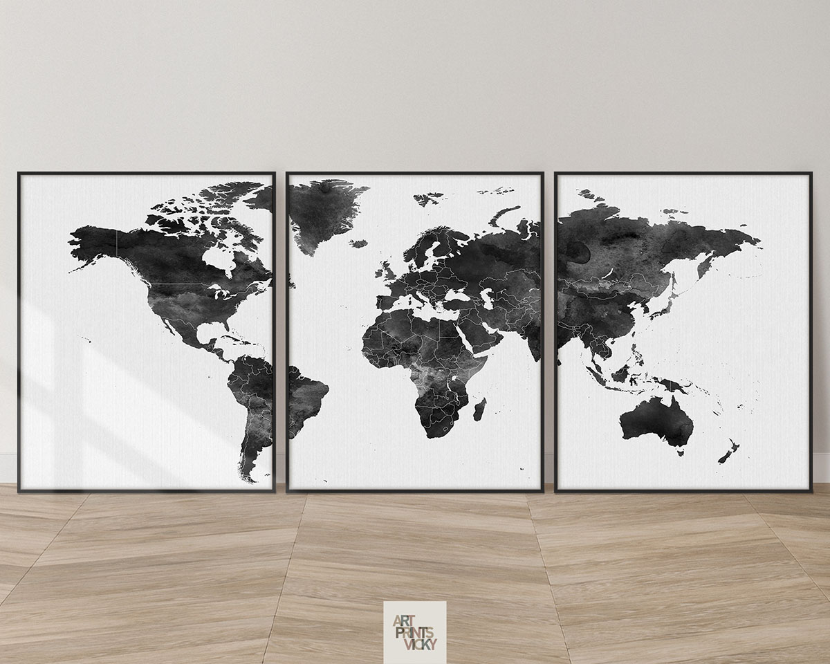 World map black and white 3 piece wall art