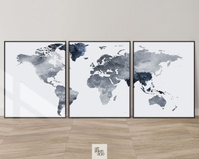 World map set of 3 prints grey blue